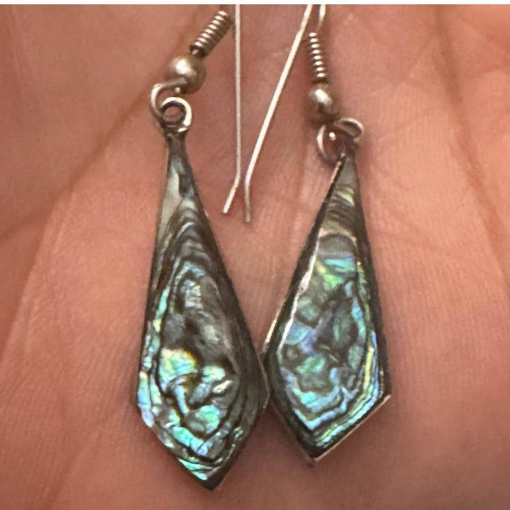 Vintage Alpaca Mexico Abalone Shell Inlay Dangle Earrings Diamond Shape 1970's